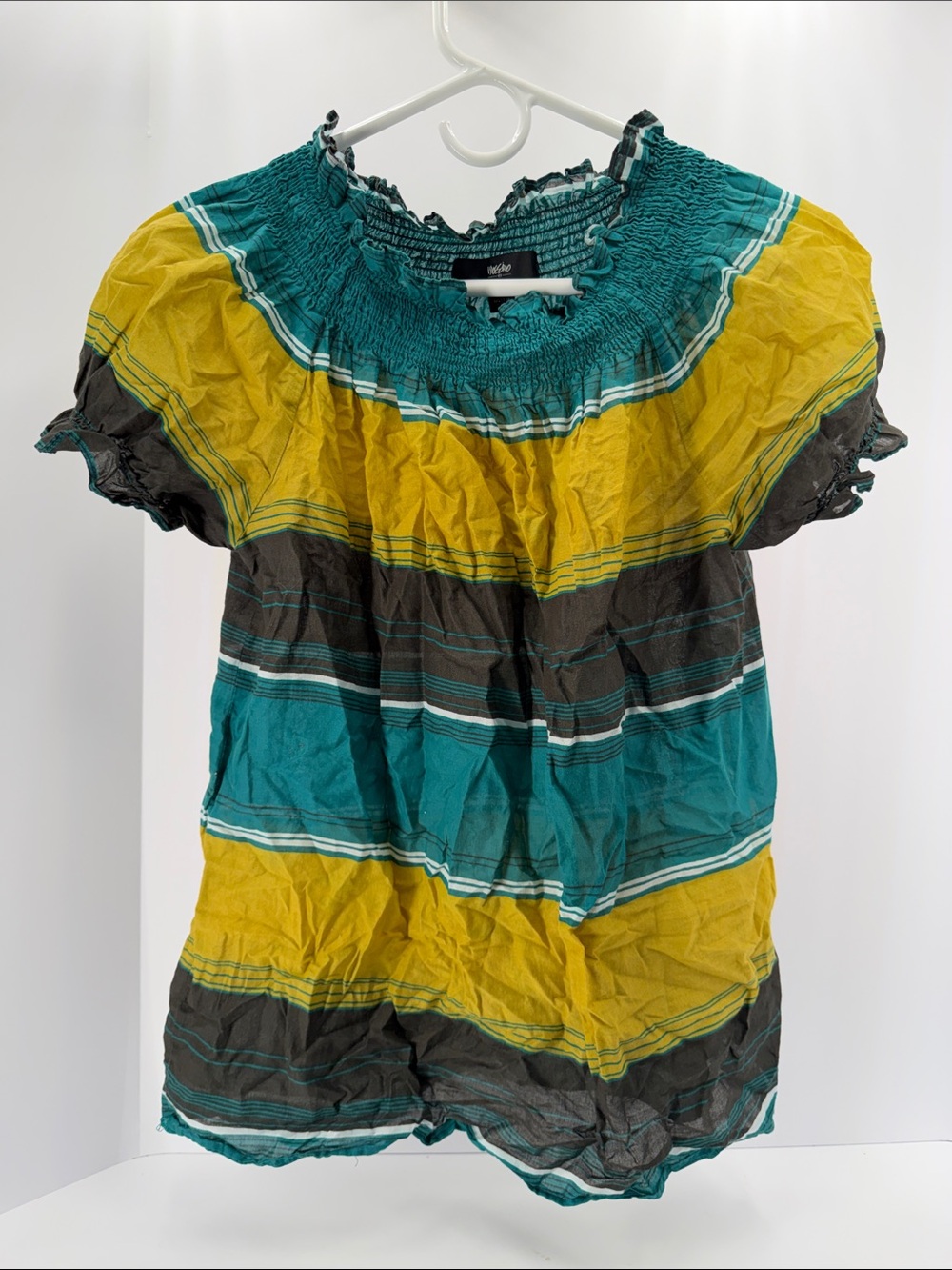 Moschino Teal, Yellow & Gray Striped Off-Shoulder Blouse
